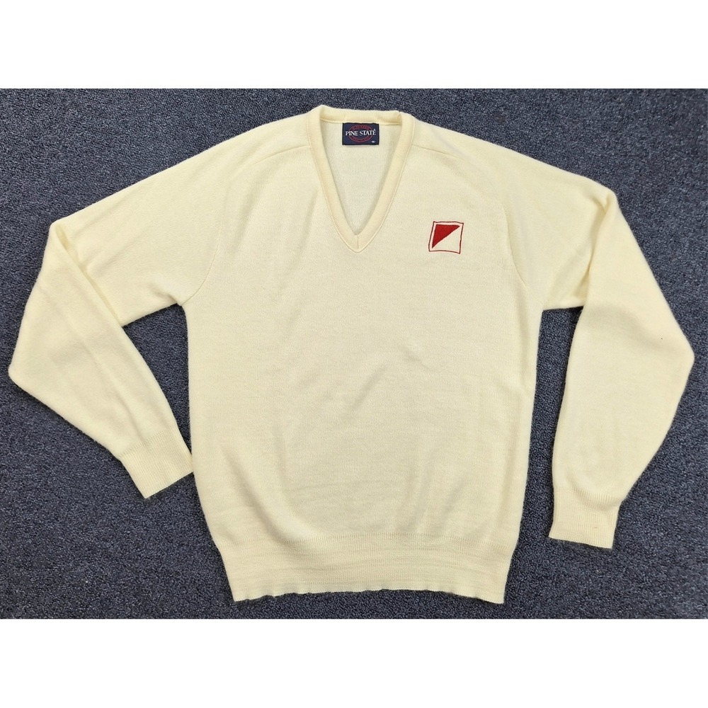 Vintage Pine State Mens Cream V-Neck Sweater‎ Orlon Acrylic Made in USA Medium